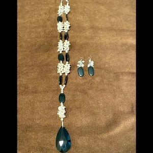 Pearl and black long necklace and earrings